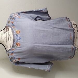 Ultra Bohemian Linen Cotton Blouse Embroidery Flowers Boxy Fit SZ: Lrg